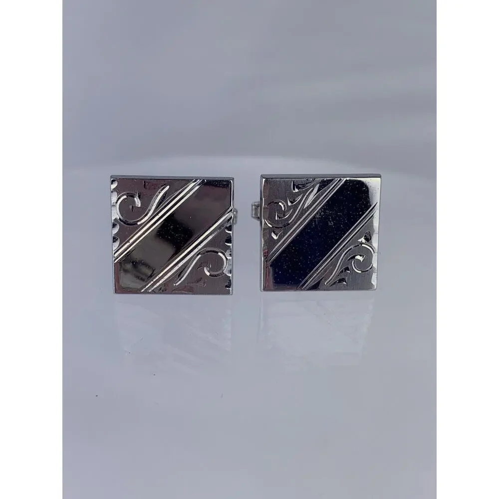 Simple Etched Scroll Sterling Silver Cufflinks Foster Formal Square Vintage